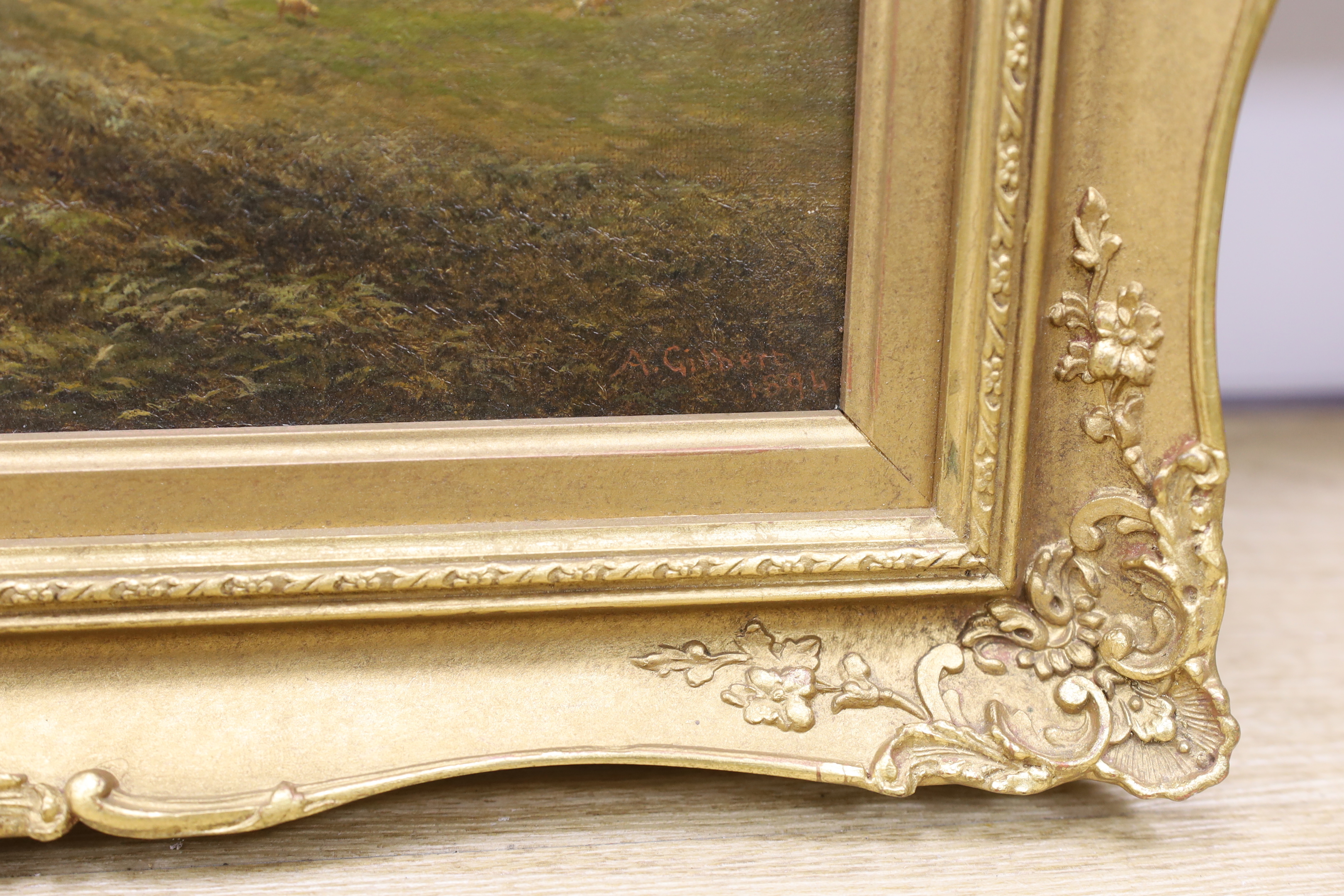 Arthur Gilbert (1819-1895), oil on canvas, Coastal landscape, signed and dated 1894, Windsor & Newton stamp verso, 21 x 34cm, ornate gilt framed